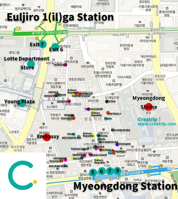 Map of Myeongdong shopping area highlighting popular beauty brands and key shopping destinations near Euljiro station.